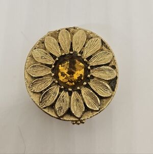 Sunflower Flower Pill Treasure Metal Box Gold Tone Rhinestone Crystal CZ Stone